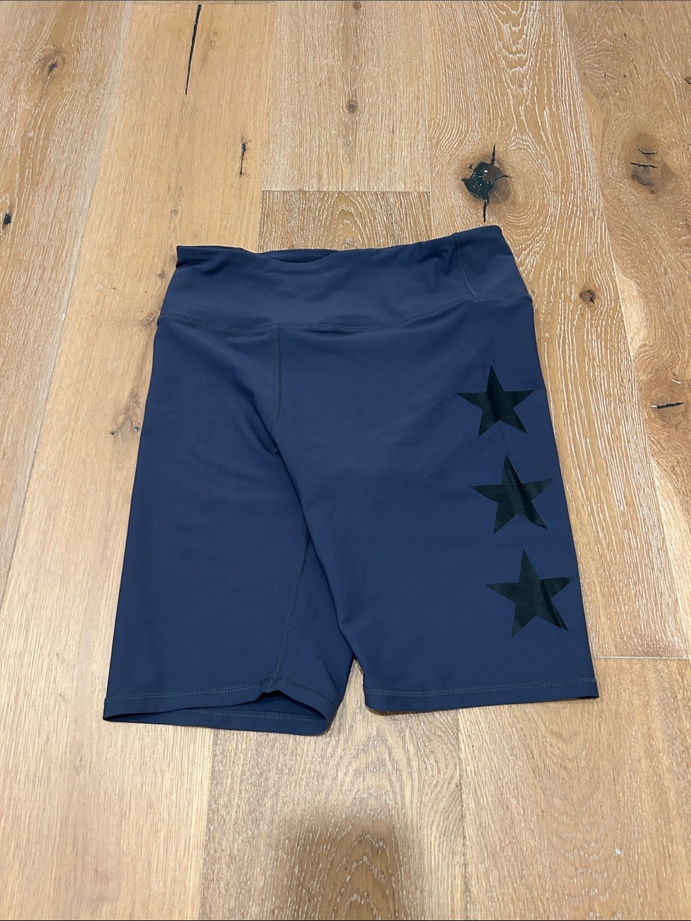 Aqua Navy Athletic Bike Shorts with Black Star Accents, Size Large